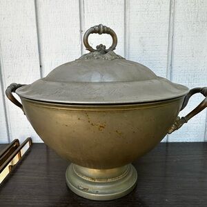 Large antique pewter bowl raised pedestal bowl lidded tray   home decor display